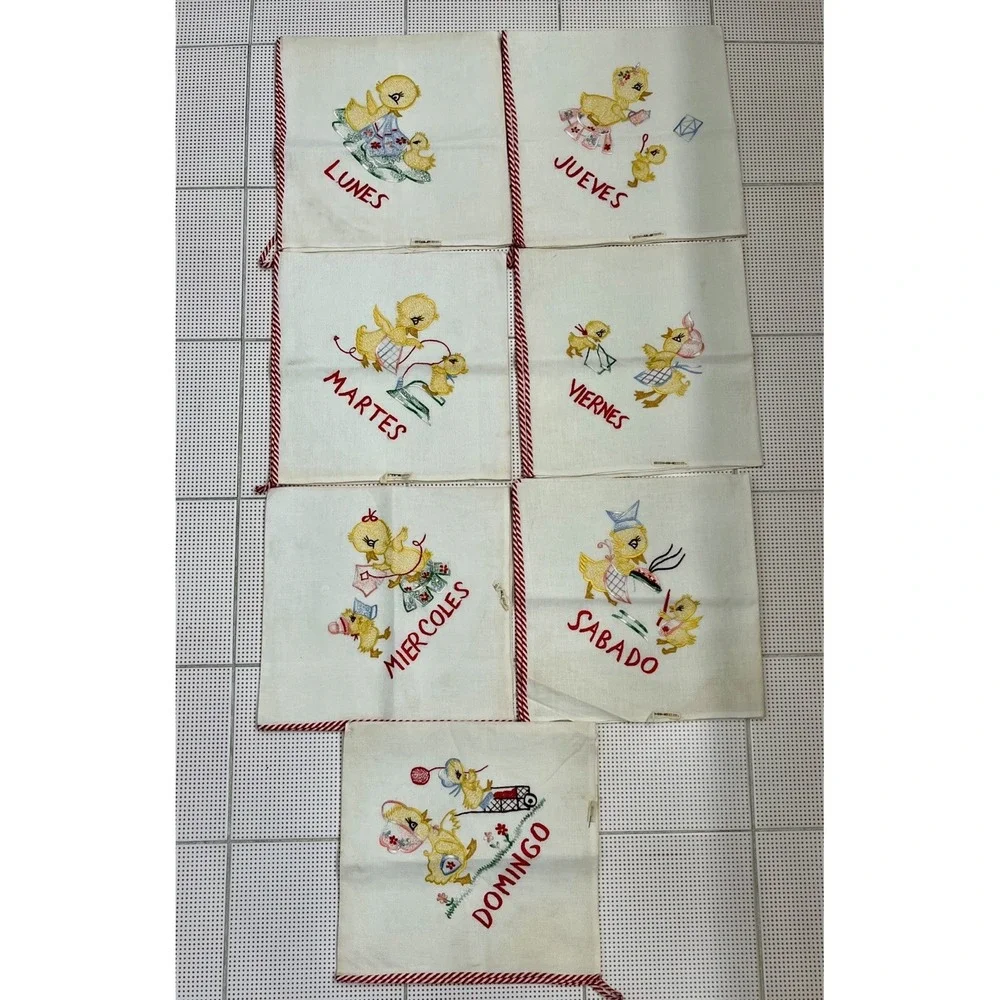 Vintage Mexican Days Of The Week Embroidered Tea Towels Set Of 7 Hecho En Mexico